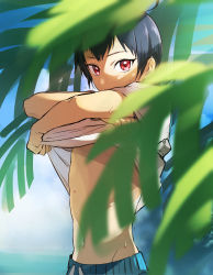 Rule 34 | 1boy, black hair, blue male swimwear, blue male underwear, blue swim trunks, blurry, brendan (pokemon), clothes lift, commentary request, creatures (company), day, drawstring, game freak, highres, leaf, lifted by self, looking at viewer, male focus, male swimwear, male underwear, navel, nintendo, outdoors, pokemon, pokemon adventures, red eyes, shirt, shirt lift, short hair, short sleeves, solo, sweat, swim trunks, swimsuit, t-shirt, underwear, undressing, white shirt, yukin (es)