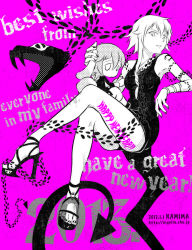 Rule 34 | 00s, androgynous, animal ears, bracelet, braid, rabbit ears, rabbit tail, child, crona (soul eater), dress, gender request, hand on head, high heels, highres, jewelry, crossed legs, medusa gorgon, monochrome, mother and child, nail polish, open shoes, pink background, platform footwear, platform heels, shoes, short hair, slit pupils, snake, soul eater, tail, tattoo, aged down