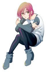 Rule 34 | 10s, 1boy, 92 (artist), androgynous, brown eyes, crossed arms, eyebrows, full body, glasses, gowther, high heels, highres, looking at viewer, male focus, nanatsu no taizai, parted lips, pink hair, ribbed sweater, simple background, sitting, solo, sweater, trap, white background