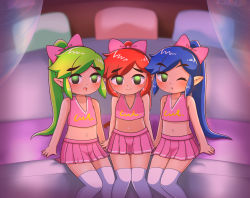 Rule 34 | 3boys, :d, :o, absurdres, bare shoulders, blue hair, blush, bow, cheerleader, cheerleader link, closed mouth, collarbone, crop top, crossdressing, curtains, eyebrows, green eyes, green hair, hair bow, highres, indoors, link, long hair, looking at viewer, male focus, multiple boys, navel, nintendo, official alternate costume, on bed, one eye closed, open mouth, papapaimon, pillow, pink bow, pink skirt, pleated skirt, pointy ears, ponytail, red hair, sidelocks, sitting, skirt, sleeveless, smile, the legend of zelda, the legend of zelda: tri force heroes, toon link, trap, v-neck, wink