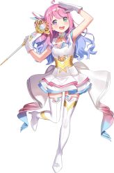 Rule 34 | 1girl, :d, ahoge, ancotaku, back bow, blue hair, boots, bow, breasts, brooch, cleavage cutout, clothing cutout, collared dress, diamond hair ornament, dress, full body, gloves, gold trim, gradient hair, green eyes, hair ribbon, heterochromia, high heels, highres, himemori luna, holding, holding wand, hololive, jewelry, large bow, layered dress, long hair, looking at viewer, magical girl, multicolored hair, official alternate costume, official art, one side up, open mouth, pink hair, purple eyes, ribbon, salute, second-party source, short dress, sleeveless, sleeveless dress, small breasts, smile, solo, standing, standing on one leg, straight-on, teeth, thigh boots, transparent background, upper teeth only, virtual youtuber, wand, wavy hair, white dress, white footwear, white gloves