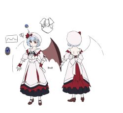 Rule 34 | alternate costume, amulet, back bow, bat wings, black skirt, blue hair, bow, character sheet, collarbone, dress, from behind, hat, hat bow, karaori, kyoto fantasy troupe, mary janes, mob cap, monochrome, pink dress, pink headwear, puffy sleeves, remilia scarlet, shoes, short hair, skirt, the sealed esoteric history, touhou, translation request, wings