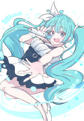 Rule 34 | 1girl, black dress, blue eyes, center frills, dress, frills, giorgio (yo sumire sola1), hatsune miku, highres, holding, holding microphone, long hair, looking at viewer, microphone, open mouth, outstretched hand, solo, teeth, twintails, upper teeth only, vocaloid, white footwear