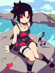 Rule 34 | 1girl, absurdres, aetherion, arm support, bare shoulders, black hair, blue sky, breasts, cleavage, closed mouth, cloud, cloudy sky, day, dress, feet out of frame, genderswap, genderswap (mtf), highres, huge filesize, jewelry, knees together feet apart, knife, konohagakure symbol, kunai, leg wrap, looking at viewer, medium breasts, naruto, naruto (series), necklace, on rock, outdoors, planted, planted knife, planted weapon, pouch, red eyes, river, rock, sharingan, short dress, sitting, sky, sleeveless, sleeveless dress, solo, spaghetti strap, strap gap, thigh pouch, thigh strap, toeless footwear, uchiha sasuke, water, weapon, wide ponytail