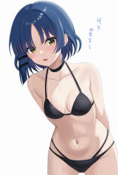 Rule 34 | 1girl, absurdres, arms behind back, bikini, black bikini, black choker, blue hair, bocchi the rock!, choker, collarbone, highres, leaning forward, looking at viewer, makise (mix020511), mole, mole under eye, navel, open mouth, short hair, simple background, solo, swimsuit, translation request, white background, yamada ryo, yellow eyes