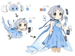 Rule 34 | &gt;:o, 1girl, blue dress, blue gloves, card, choker, cropped legs, detached wings, dress, egg, evolution, fins, fish tail, floating, floating object, frilled skirt, frills, gem, gloves, grey hair, hatching, highres, horns, idolmaster, idolmaster million live!, level up, magic, makabe mizuki, multiple views, parody, playing card, ribbon choker, short hair, simple background, single horn, skirt, sparkle, spawnfoxy, speech bubble, tail, fish tail, v-shaped eyebrows, white background, wings, yellow eyes