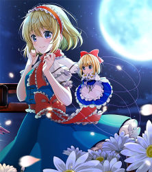 Rule 34 | 2girls, alice margatroid, apron, blonde hair, blue dress, blue skirt, blue vest, blush, bow, capelet, closed mouth, dress, fingernails, flower, frilled apron, frilled bow, frilled hairband, frills, full moon, hair between eyes, hair bow, hairband, hands up, jewelry, moon, multiple girls, nail polish, night, night sky, hugging object, outdoors, petals, pink nails, purple eyes, red bow, red hairband, ring, shanghai doll, skirt, sky, smile, star (sky), starry sky, string, torii, touhou, vest, white apron, white capelet, white flower, yuuka nonoko