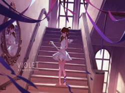 Rule 34 | 1girl, absurdres, asymmetrical bangs, barefoot, blunt bangs, brown hair, collared dress, dress, floating hair, from behind, full body, grey dress, grin, highres, holding, holding staff, indoors, kagari atsuko, little witch academia, long hair, looking at viewer, looking back, mini wings, mirror, purple ribbon, reflection, ribbon, short dress, sleeveless, sleeveless dress, smile, solo, staff, stairs, standing, thighs, white dress, white wings, wing collar, wings, yusheng