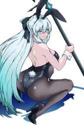 Rule 34 | 1girl, animal ears, ass, black bow, black leotard, blue eyes, bow, braid, breasts, brown pantyhose, detached collar, fake animal ears, fake tail, fate/grand order, fate (series), french braid, grey hair, hair bow, high heels, highleg, highleg leotard, highres, large breasts, leotard, long hair, looking at viewer, looking back, morgan le fay (fate), pantyhose, playboy bunny, ponytail, rabbit ears, rabbit tail, satou nui, sidelocks, sitting, smile, staff, tail, very long hair, wariza, wrist cuffs