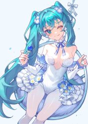 Rule 34 | 1girl, absurdres, ajiu (ajiuyaa), alternate costume, aqua eyes, aqua hair, aqua nails, bare shoulders, bow, bowtie, breasts, breasts apart, candy, closed mouth, collarbone, crossed bangs, detached collar, detached sleeves, feet out of frame, flower, food, from above, hair flower, hair ornament, hanging chair, hatsune miku, highres, leotard, licking lips, lollipop, long hair, looking at viewer, makeup, mascara, medium breasts, one eye closed, pantyhose, sitting, smile, solo, strapless, strapless leotard, striped bow, tongue, tongue out, twintails, very long hair, vocaloid, white pantyhose