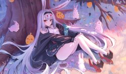 Rule 34 | absurdres, against tree, animal ears, ass, azur lane, bare legs, bare shoulders, black hairband, black jacket, black skirt, blush, breasts, cake, center opening, clothes pull, eyeshadow, food, from side, full body, hair between eyes, hairband, hands on own knees, high heels, highres, jacket, jacket pull, jeze, knees together feet apart, knees up, leaning back, legs, long hair, makeup, manjuu (azur lane), miniskirt, on ground, open clothes, open jacket, outdoors, pale skin, pleated skirt, rabbit, rabbit ears, rabbit girl, red eyeshadow, rudder footwear, shimakaze (azur lane), sitting, skirt, small breasts, smile, thighs, tree, upskirt, very long hair, white hair, yellow eyes