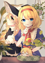 Rule 34 | 2girls, absurdres, alice margatroid, black vest, blonde hair, blue dress, blue eyes, blush, bow, braid, closed eyes, closed mouth, commentary request, dress, frilled shirt collar, frills, hair bow, hairband, hanging plant, hat, highres, index finger raised, indoors, kirisame marisa, long hair, looking at viewer, medium hair, multiple girls, necono (nyu6poko), open mouth, plant, potted plant, puffy short sleeves, puffy sleeves, red bow, red hairband, shanghai doll, short sleeves, sleeping, smile, touhou, turtleneck, vest, witch hat, wrist cuffs, yellow eyes