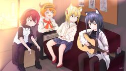 Rule 34 | absurdres, acoustic guitar, animal ears, arknights, cajon, croissant (arknights), exusiai (arknights), guitar, highres, instrument, multiple girls, non-web source, open mouth, penguin logistics (arknights), short hair, sora (arknights), texas (arknights), wolf ears