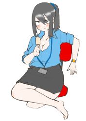 Rule 34 | 1girl, :t, absurdres, barefoot, black hair, black skirt, blue shirt, blush, breasts, cleavage, cocoa fuumi, food, full body, hair between eyes, highres, ice cream, id card, jitome, lanyard, large breasts, looking at viewer, office lady, original, pencil skirt, popsicle, rinko-san (cocoa fuumi), sanpaku, shirt, simple background, sitting, skirt, solo, summer, white background