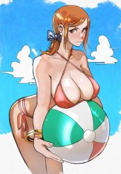 Rule 34 | 1girl, absurdres, ball, bare shoulders, beachball, bikini, blue background, blue bow, blush, bow, bracelet, breast rest, breasts, brown eyes, cloud, earrings, embarrassed, hair bow, halterneck, highres, holding, jewelry, joy boy, large breasts, leaning forward, looking at viewer, looking to the side, nami (one piece), one piece, orange hair, red bikini, side-tie bikini bottom, solo, string bikini, swept bangs, swimsuit, two-tone background, white background