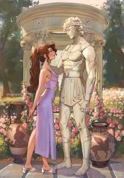 Rule 34 | 1girl, bare arms, bare shoulders, brown hair, character print, day, flower, from side, hades (disney), hair ornament, hercules (1997 film), high heels, highres, holding, holding flower, long skirt, looking up, megara (disney), outdoors, pink flower, pink skirt, ponytail, sandals, skirt, solo, standing, statue, toshiasan, tree