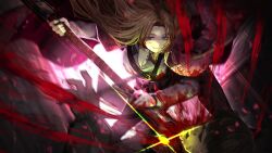 Rule 34 | 1boy, 1girl, blood, blood in hair, blood on clothes, blood on face, blood splatter, blue eyes, breasts, brown hair, cape, chest tattoo, closed mouth, death, game cg, grey shirt, highres, holding, holding weapon, large breasts, light smile, limbus company, long hair, long sleeves, nai ga, official art, pants, project moon, red cape, red pants, rodion (project moon), shirt, tattoo, weapon