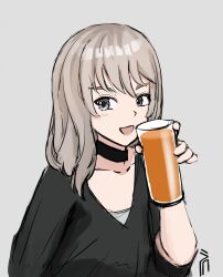 Rule 34 | 1girl, absurdres, axolol, black choker, black sweater, blush, choker, collarbone, commentary, cup, english commentary, girls band cry, grey background, grey eyes, grey hair, highres, holding, holding cup, kawaragi momoka, looking at viewer, multicolored hair, open mouth, roots (hair), simple background, solo, sweater, upper body