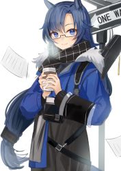 Rule 34 | 1girl, arknights, arrow (symbol), azuazu 0405, black-framed eyewear, black scarf, black skirt, blue eyes, blue hair, blue shirt, closed mouth, coffee cup, commentary request, cup, disposable cup, fang (arknights), fang (cruciata) (arknights), fur trim, glasses, highres, holding, holding cup, long hair, long sleeves, parted bangs, road sign, scarf, semi-rimless eyewear, shirt, sign, skirt, smile, solo, steam, under-rim eyewear, very long hair, white background