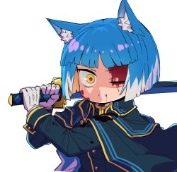 Rule 34 | 1girl, animal ear fluff, animal ears, asagi (bombergirl), blood, blood on clothes, blood on face, blue hair, bombergirl, buttons, cape, colored inner hair, gloves, highres, holding, holding sword, holding weapon, katana, long sleeves, looking at viewer, multicolored hair, one eye closed, orange hair, sasaki rindou, short hair, simple background, smile, solo, sword, turtleneck, upper body, weapon, white background, white gloves, white hair, wolf ears, wolf girl, yellow eyes