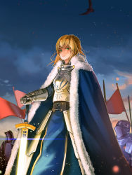 Rule 34 | 1girl, armor, armored dress, artoria pendragon (all), artoria pendragon (fate), bird, blonde hair, cape, excalibur (fate/stay night), fate/stay night, fate (series), female knight, fur-trimmed cape, fur trim, green eyes, highres, knight, looking at viewer, msppice, outdoors, planted, saber (fate), solo focus, type-moon, weapon
