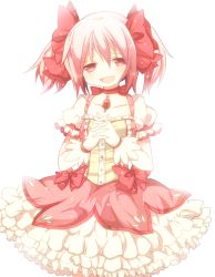 Rule 34 | 10s, 1girl, bad id, bad pixiv id, bow, dress, gloves, hair bow, jewelry, kaname madoka, magical girl, mahou shoujo madoka magica, mahou shoujo madoka magica (anime), mari audio, necklace, open mouth, pink dress, pink eyes, pink hair, pink skirt, skirt, solo, tears, white gloves