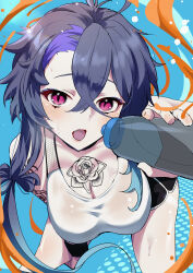 1girl absurdres arm_tattoo azur_lane black_shorts blush bottle breasts chest_tattoo cleavage commission foch_(azur_lane) hair_between_eyes hanging_breasts highres holding holding_bottle large_breasts long_hair looking_at_viewer multicolored_hair open_mouth purple_hair red_eyes short_shorts shorts skeb_commission smile solo tattoo tongue tongue_out two-tone_hair yamada_otonari