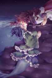 Rule 34 | 2girls, air bubble, animal ears, arm hair, bent over, blue hair, blush, brooch, brown hair, bubble, closed eyes, dress, drill hair, fingernails, fins, fish tail, frills, from side, green kimono, head fins, highres, imaizumi kagerou, japanese clothes, jewelry, kimono, kiss, long hair, long sleeves, mermaid, monster girl, multiple girls, nail polish, night, night sky, nose blush, obi, orz (kagewaka), outdoors, red nails, sash, short hair, sky, star (sky), starry sky, tail, touhou, underwater, wakasagihime, water, wavy hair, wide sleeves, wolf ears, yuri