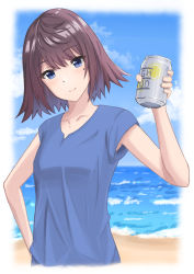 Rule 34 | 1girl, beach, blue eyes, blue shirt, breasts, brown hair, can, day, hand on own hip, highres, holding, holding can, kudaka karin, looking at viewer, mole, mole under eye, ocean, outdoors, shiroi suna no aquatope, shirt, short hair, short sleeves, small breasts, solo, to (cubed), upper body