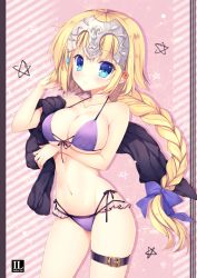 Rule 34 | 1girl, bare arms, bare shoulders, bikini, blonde hair, blue eyes, blush, bow, braid, breasts, cleavage, closed mouth, collarbone, commentary request, fate/grand order, fate (series), hair bow, head tilt, headpiece, jeanne d&#039;arc (fate), jeanne d&#039;arc (ruler) (fate), large breasts, long hair, looking at viewer, mitha, purple bikini, purple bow, smile, solo, star (symbol), swimsuit, very long hair