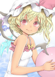 Rule 34 | 1girl, ball, beachball, blonde hair, chikado, colored eyelashes, demon wings, dress, fang, flandre scarlet, flat chest, hat, hat ribbon, looking at viewer, mob cap, red eyes, red ribbon, ribbon, side ponytail, solo, sundress, tan, touhou, upper body, wings