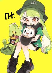 Rule 34 | 1girl, :d, backpack, bag, black bag, black footwear, black shorts, blunt bangs, blush, brown eyes, bucket hat, colored tongue, commentary, creatures (company), cup, disposable cup, drinking straw, english commentary, fangs, game freak, gen 3 pokemon, gen 7 pokemon, green background, green hair, green headwear, green shirt, green tongue, hat, highres, holding, holding cup, ika esu, in bag, in container, inkling, inkling girl, inkling player character, invisible chair, long hair, nintendo, open mouth, pointy ears, pokemon, pokemon (creature), rowlet, shirt, shoes, short eyebrows, short shorts, short sleeves, shorts, sidelocks, simple background, sitting, smile, sneakers, splatoon (series), splatoon 3, suction cups, t-shirt, teeth, tentacle hair, treecko, v-shaped eyebrows, zipper pull tab