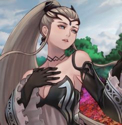 Rule 34 | 1girl, bare shoulders, black choker, black detached sleeves, black dress, black gloves, blue eyes, breasts, choker, cleavage, cloud, collarbone, commentary, day, detached sleeves, dress, earrings, eir (fire emblem), english commentary, female focus, field, fire emblem, fire emblem heroes, flower, flower field, frilled sleeves, frills, gloves, grey hair, hair ornament, hair ribbon, hand on own chest, headgear, jewelry, kaejunni, long hair, medium breasts, neck, nintendo, open mouth, outdoors, ponytail, ribbon, round teeth, sky, solo, strapless, strapless dress, teeth, tree, upper body, very long hair