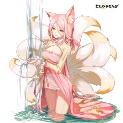Rule 34 | 1girl, animal ear fluff, animal ears, bai winchester, breasts, cleavage, closers, dress, fox ears, fox tail, heterochromia, highres, kyuubi, large breasts, long hair, long sleeves, looking at viewer, multiple tails, nail polish, official art, parted lips, pink dress, pink eyes, pink hair, purple eyes, see-through, see-through sleeves, solo, tail, thighs, very long hair, wading, water, wet