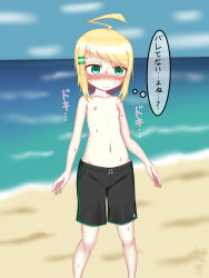 Rule 34 | 1girl, artist request, beach, black male swimwear, black swim trunks, blonde hair, blue sky, blush, character request, copyright request, day, drawstring, female focus, flat chest, green eyes, hair ornament, highres, male swimwear, male swimwear challenge, medium hair, nipples, ocean, outdoors, sand, sky, solo, source request, standing, sweat, swim trunks, swimsuit, topless, translation request, water
