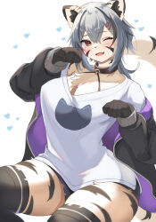Rule 34 | 1girl, an choby, animal ears, black hair, blush, body fur, breasts, cleavage, fang, furry, furry female, grey hair, hair ornament, hairclip, heart, highres, jacket, large breasts, looking at viewer, multicolored hair, one eye closed, open mouth, original, paw pose, print shirt, red eyes, shirt, short shorts, shorts, simple background, sitting, solo, streaked hair, striped fur, t-shirt, tail, thighhighs, thighs, tiger ears, tiger girl, tiger tail, tsurime, white background, white fur, white shirt