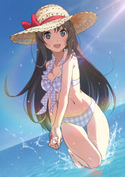 Rule 34 | 1girl, :d, bare arms, bare shoulders, bikini, blue sky, bow, breasts, brown eyes, brown hair, brown hat, cleavage, day, domo1220, dutch angle, fingernails, front-tie bikini top, front-tie top, hat, hat bow, hat ribbon, horizon, long hair, medium breasts, navel, ocean, open mouth, original, outdoors, plaid, plaid bikini, purple bikini, red bow, red ribbon, ribbon, round teeth, sky, smile, solo, standing, standing on one leg, sun hat, swimsuit, teeth, upper teeth only, very long hair, wading, water