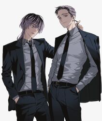 Rule 34 | 2boys, belt, black belt, black jacket, black necktie, black pants, black suit, closed mouth, collared shirt, cowboy shot, ear piercing, formal, grey shirt, haitani ran, haitani rindou, hand in pocket, hand on another&#039;s shoulder, hands in pockets, highres, jacket, jacket on shoulders, light smile, looking at another, looking at viewer, male focus, multicolored hair, multiple boys, neck tattoo, necktie, open clothes, open jacket, pants, parted lips, piercing, purple eyes, purple hair, shirt, simple background, standing, streaked hair, suit, tattoo, teeth, tokyo revengers, upper teeth only, wawgwo, wolf cut