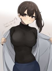 Rule 34 | 1girl, absurdres, black sweater, blue skirt, brown eyes, brown hair, coat, commentary request, dated, grey coat, highres, kaga (kancolle), kantai collection, long hair, looking at viewer, one-hour drawing challenge, open clothes, open coat, pencil skirt, side ponytail, skirt, solo, sweater, toriniku senshi chikinman, turtleneck, twitter username