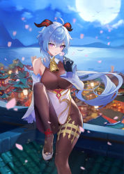 Rule 34 | 1girl, absurdres, ahoge, architecture, bare shoulders, bell, black gloves, black pantyhose, blue hair, blush, bodystocking, breasts, detached sleeves, dress, east asian architecture, elbow gloves, full moon, ganyu (genshin impact), genshin impact, gloves, highres, horns, large breasts, long hair, looking at viewer, moon, night, night sky, pantyhose, petals, purple eyes, shaobao (sdhx3728), sitting, sky, solo, thighs, white dress