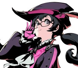 Rule 34 | 1girl, black hair, buttons, glasses, gloves, hat feather, long sleeves, neckerchief, noge tomoko, official art, persona, persona 5, persona 5: the phantom x, pink gloves, pink shirt, puffy long sleeves, puffy sleeves, shirt
