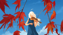 Rule 34 | 1girl, ahoge, autumn leaves, bare arms, bare shoulders, blue dress, blue sky, bow (music), closed eyes, closed mouth, cloud, cowboy shot, day, dress, facing viewer, highres, holding, holding bow (music), holding instrument, holding violin, instrument, leaf, long hair, maple leaf, music, original, outdoors, playing instrument, sky, sleeveless, sleeveless dress, solo, standing, taizo (taizo 03), violin, white hair