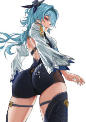 Rule 34 | 1girl, absurdres, ass, backless leotard, blue eyes, blue hair, breasts, cum, cum on ass, cum on clothes, d8800880, eula (genshin impact), from behind, genshin impact, glaring, gloves, hairband, half-closed eyes, highres, leotard, long sleeves, medium hair, open mouth, simple background, solo, standing, thigh strap, thighhighs, white background, wide sleeves
