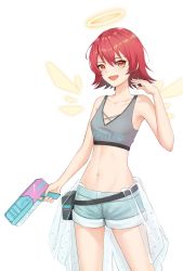 Rule 34 | 1girl, :d, arknights, bare arms, bare shoulders, belt, black belt, breasts, clothes writing, commentary request, cowboy shot, crop top, exusiai (arknights), grey shorts, gun, halo, hand up, handgun, highres, holding, holding gun, holding weapon, looking at viewer, midriff, navel, nekonomi, open mouth, orange eyes, pistol, pouch, red hair, short hair, short shorts, shorts, simple background, small breasts, smile, solo, sports bra, standing, stomach, weapon, white background