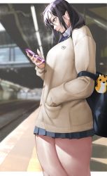 Rule 34 | 1girl, absurdres, bag, beige sweater, breasts, brown hair, cellphone, grey skirt, highres, large breasts, long hair, long sleeves, original, phone, revision, school bag, skirt, solo, thighs, yoshio (55level)