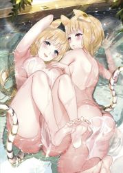Rule 34 | 2girls, animal ears, armpits, ass, back, bad id, bad twitter id, barefoot, blonde hair, blue eyes, blunt bangs, blush, breasts, closed mouth, feet, hayakawa akari, large breasts, long hair, looking at viewer, lying, multiple girls, on back, open mouth, original, red eyes, see-through, short hair, smile, soles, tail, tiger ears, tiger tail, toes, toranoana, towel, water, wet