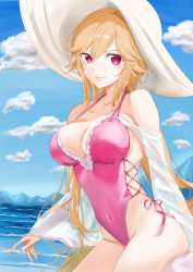 Rule 34 | 1girl, azur lane, bare legs, blonde hair, blue sky, breasts, cleavage, closed mouth, cloud, cloudy sky, commentary, covered navel, cowboy shot, day, hair between eyes, hat, large breasts, long hair, looking at viewer, medium breasts, ocean, one-piece swimsuit, outdoors, pink eyes, pink one-piece swimsuit, richelieu (azur lane), richelieu (fleuron of the waves) (azur lane), sky, solo, sun hat, swimsuit, thighs, white hat, wide sleeves, yam (yam6056)
