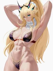 Rule 34 | 1girl, abs, armpits, bikini, black bikini, blonde hair, breasts, cameltoe, cleft of venus, barghest (fate), fairy knight gawain (ice warrior) (fate), fate/grand order, fate (series), gluteal fold, green eyes, heterochromia, highres, horns, large breasts, long hair, looking at viewer, muscular, muscular female, navel, ponytail, red eyes, scarf, smitcuk, solo, swimsuit, thighs, white scarf