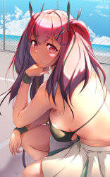 Rule 34 | 1girl, azur lane, bikini, bikini top only, blue hair, blush, breasts, bremerton (azur lane), bremerton (scorching-hot training) (azur lane), dermar, hair between eyes, hair ornament, hairclip, hand on own chin, hand on own knee, highres, large breasts, leaning forward, long hair, looking at viewer, mole, mole under eye, multicolored hair, pink eyes, pink hair, racket, red eyes, red hair, sagging breasts, shirt, sideboob, signature, sitting, sleeveless, sleeveless shirt, solo, sportswear, streaked hair, sulking, swimsuit, tennis court, tennis racket, tennis uniform, tongue, tongue out, twintails, two-tone skirt, wristband