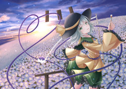 Rule 34 | 1girl, arm up, black hat, black socks, blouse, blush, buttons, closed eyes, cloud, cloudy sky, collared shirt, diamond button, eyeball, feet out of frame, field, flower, flower field, frilled shirt collar, frilled sleeves, frills, green eyes, green skirt, hat, hat ribbon, heart, heart of string, highres, holding, holding paintbrush, komeiji koishi, light green hair, long sleeves, medium hair, open mouth, paintbrush, painting (action), palette (object), petals, purple flower, ribbon, shirt, silver hair, skirt, sky, sleeves past fingers, sleeves past wrists, smile, socks, solo, standing, sunrise, third eye, touhou, utanokatati, wide sleeves, yellow ribbon, yellow shirt